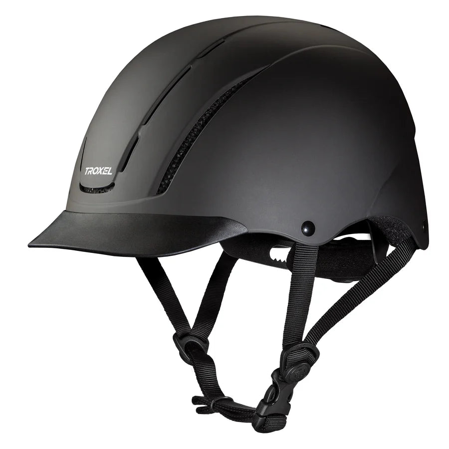 Casco de equitación Troxel Spirit negro Duratec, vista lateral con barboquejo