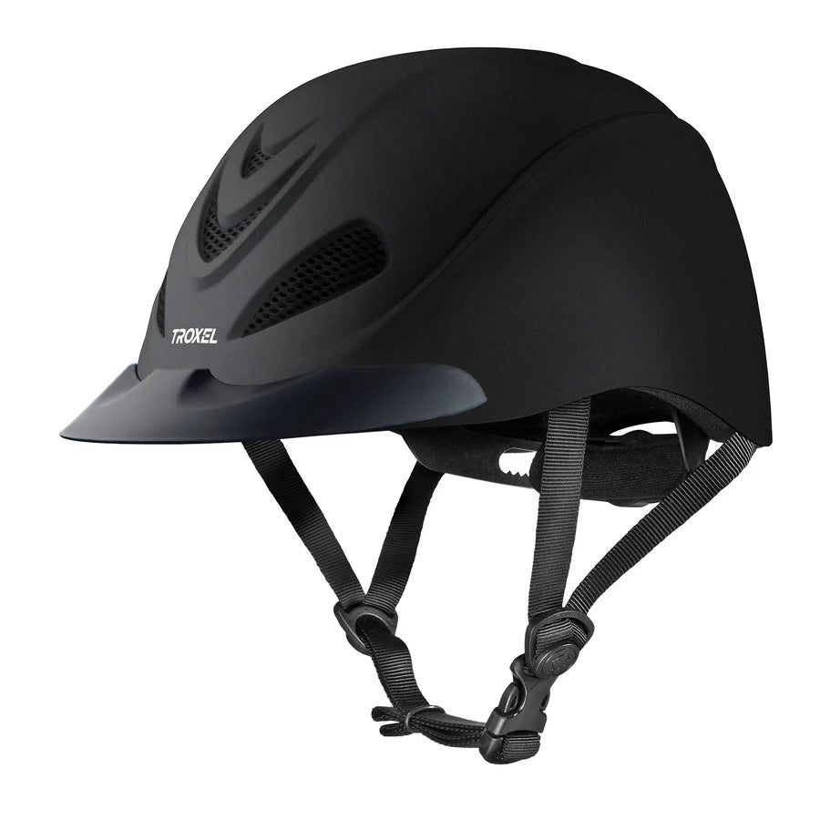 Casco de equitación Troxel Liberty negro Duratec, vista lateral con visera y barboquejo