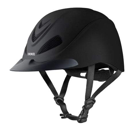 Casco de equitación Troxel Liberty negro Duratec, vista lateral con visera y barboquejo